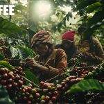 Vietnam coffee farms with workers harvesting beans