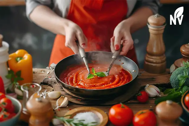 Chef using aseptic tomato paste in a professional kitchen