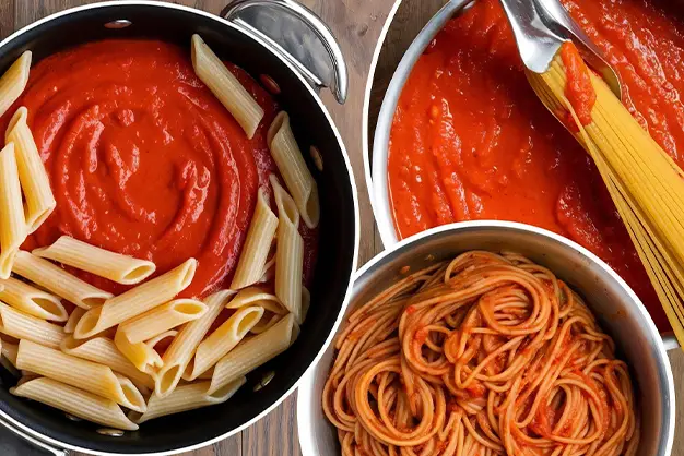 Home cook adding aseptic tomato paste to pasta sauce