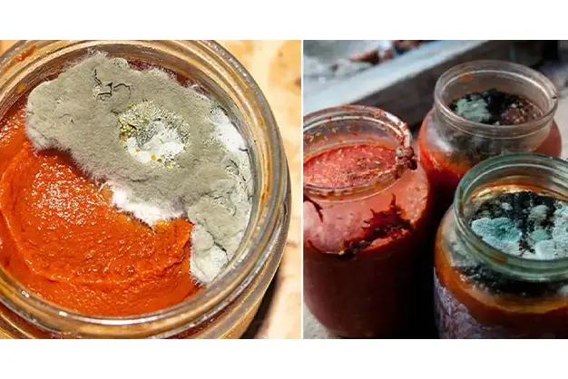 Spoiled aseptic tomato paste with swollen packaging